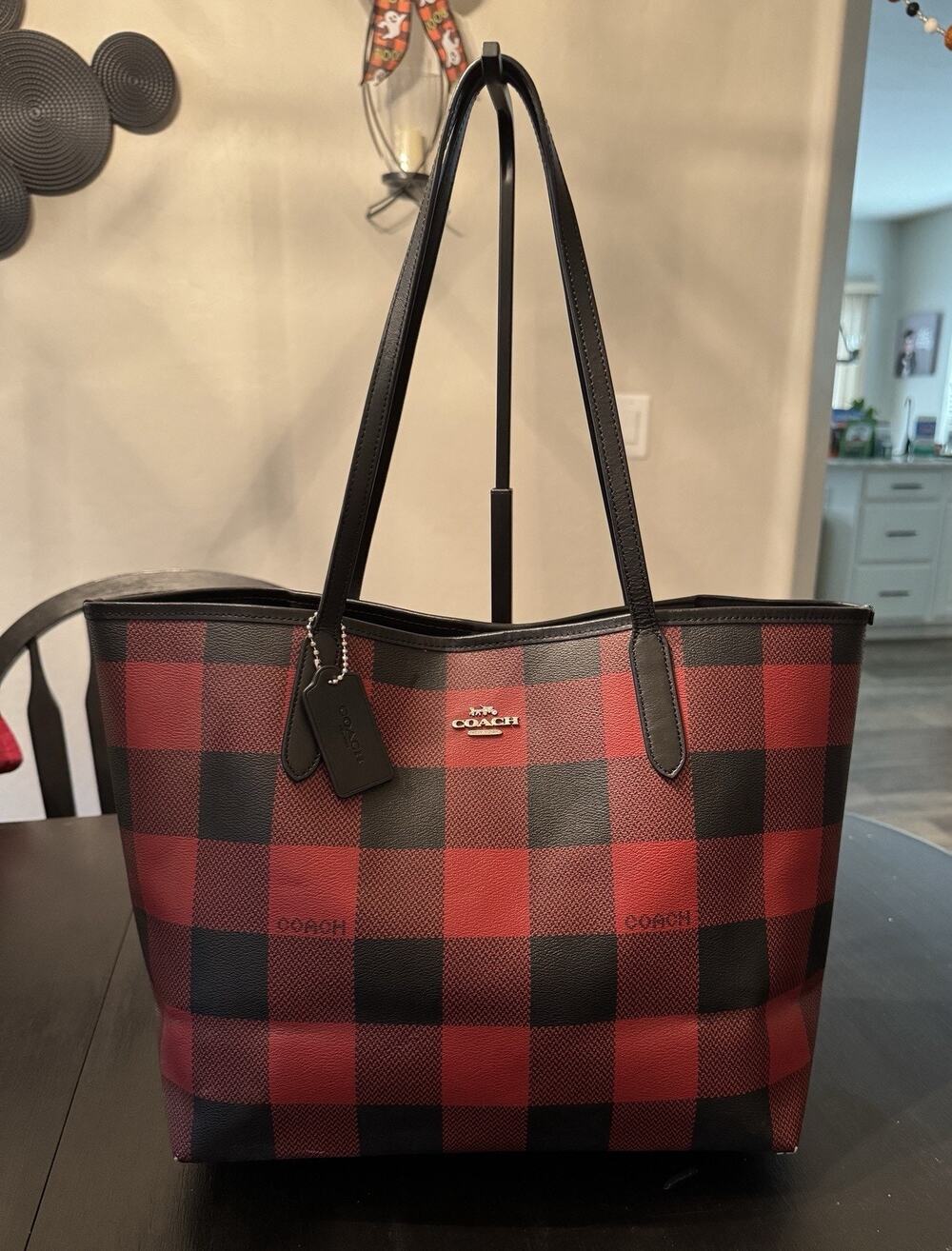 Coach City Tote Red Black Buffalo Plaid Holiday Tote Bag